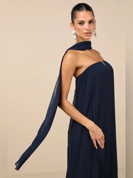 Lulus Lael Navy Pleated Strapless Dress - Picture 1 of 9